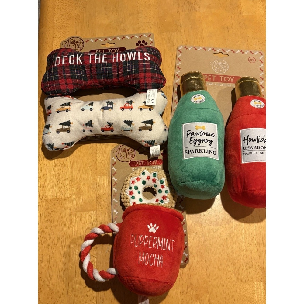 Christmas NEW Stuffed Dog Bone Squeakers Toy Lot Winter Present Gift